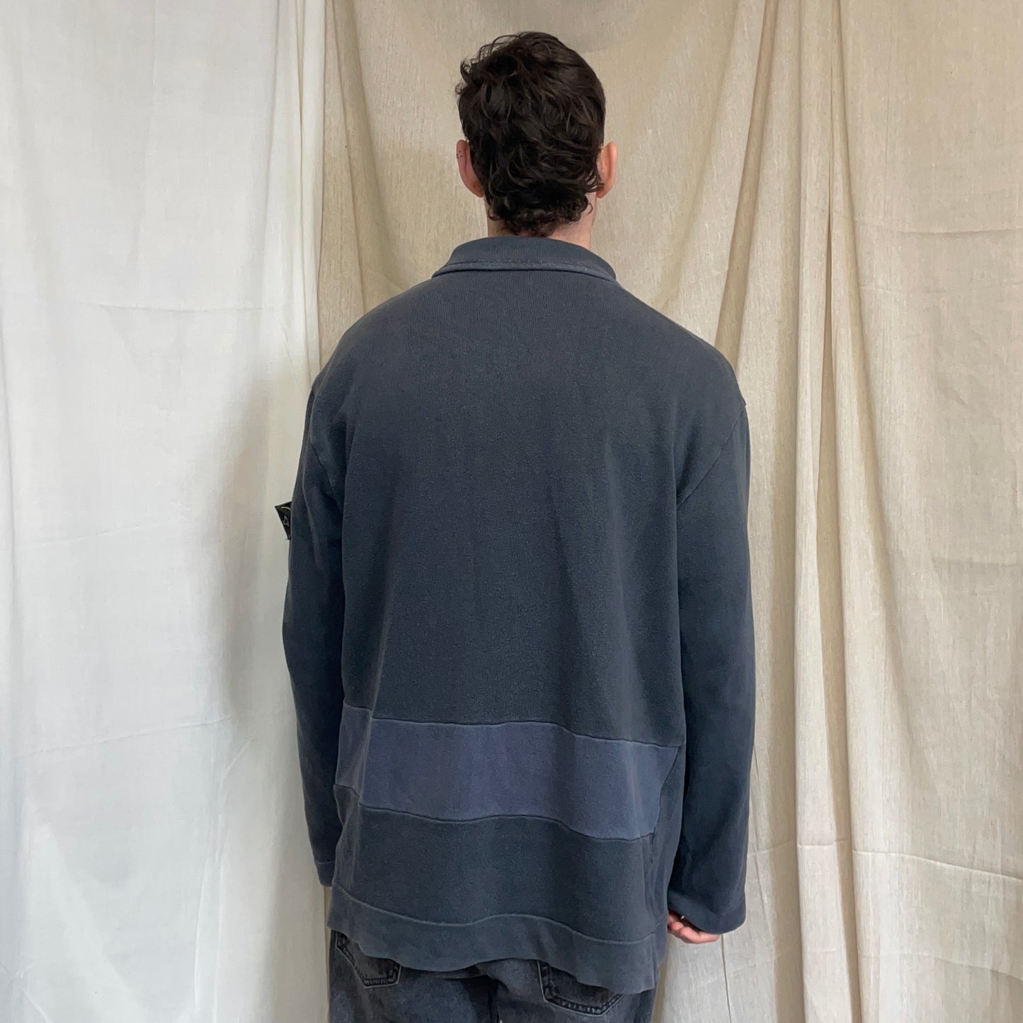 Stone Island Grey AW99 Cotton Button-Up Collar Green Edge Badge Jumper