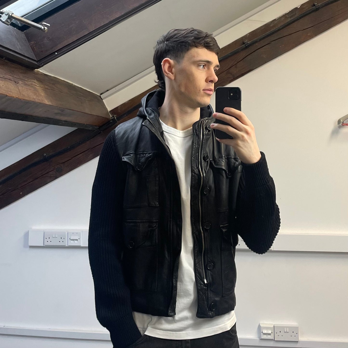 C.P. Company Black Leather & Navy Wool AW07 Hooded Jacket