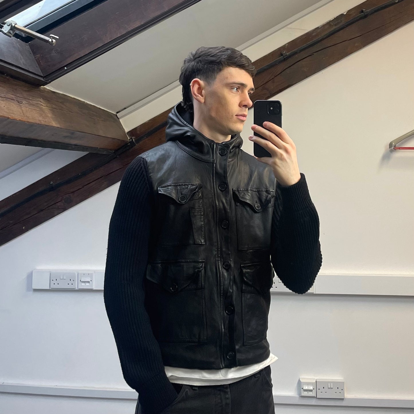 C.P. Company Black Leather & Navy Wool AW07 Hooded Jacket