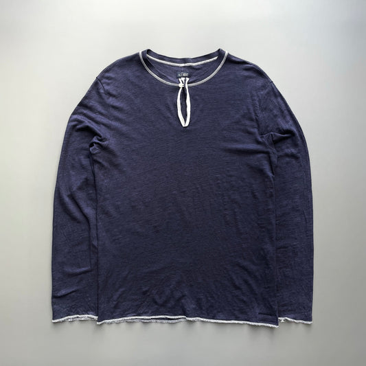 Armani Jeans Navy 00s Linen Long Sleeve Henley T-Shirt