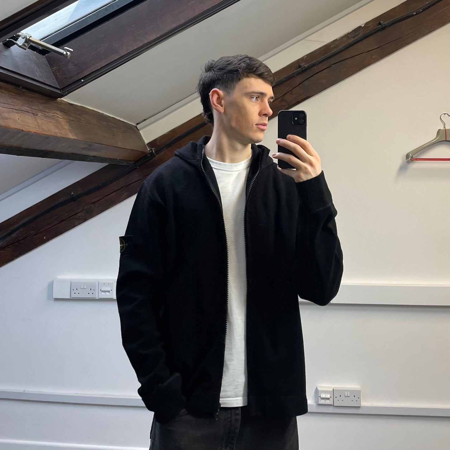 Stone Island Black AW03 Wool-Blend Contrast Stitch Knit Hoodie