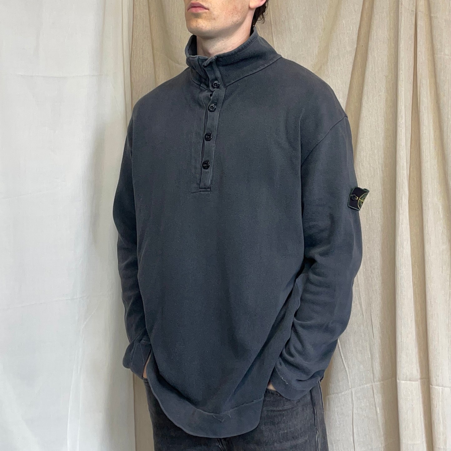 Stone Island Grey AW99 Cotton Button-Up Collar Green Edge Badge Jumper