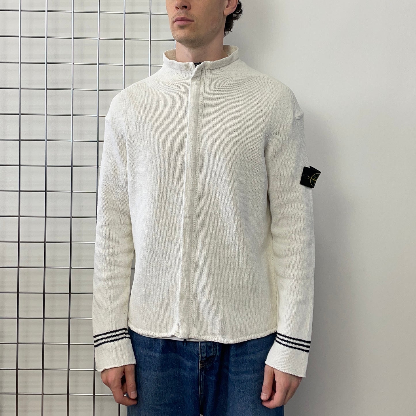 Stone Island White SS04 Zip-Through Knit Cardigan Jacket
