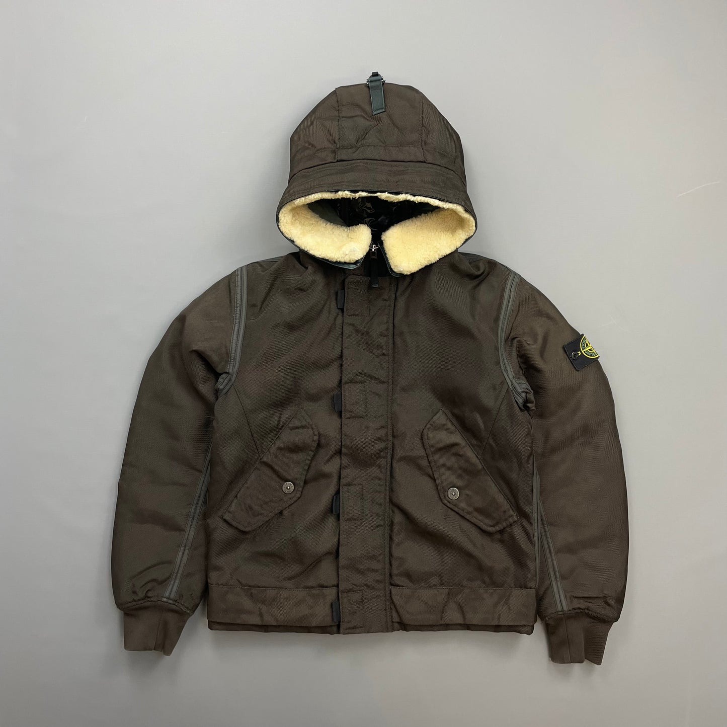 Stone Island Khaki Brown AW10 Shearling Hooded Padded Oxford Nylon Bomber Jacket