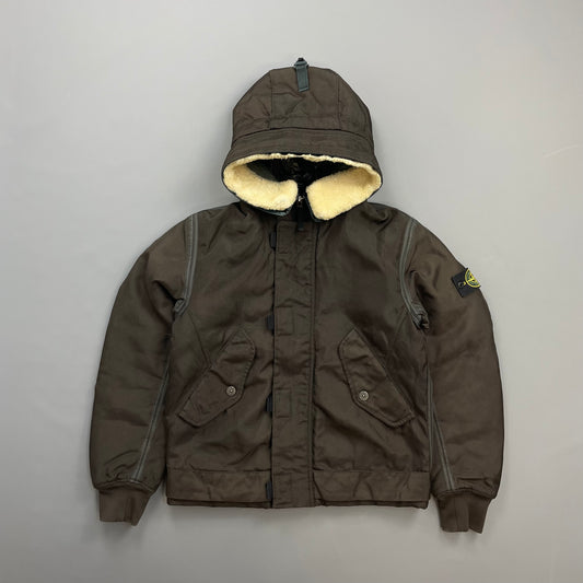 Stone Island Khaki Brown AW10 Shearling Hooded Padded Oxford Nylon Bomber Jacket