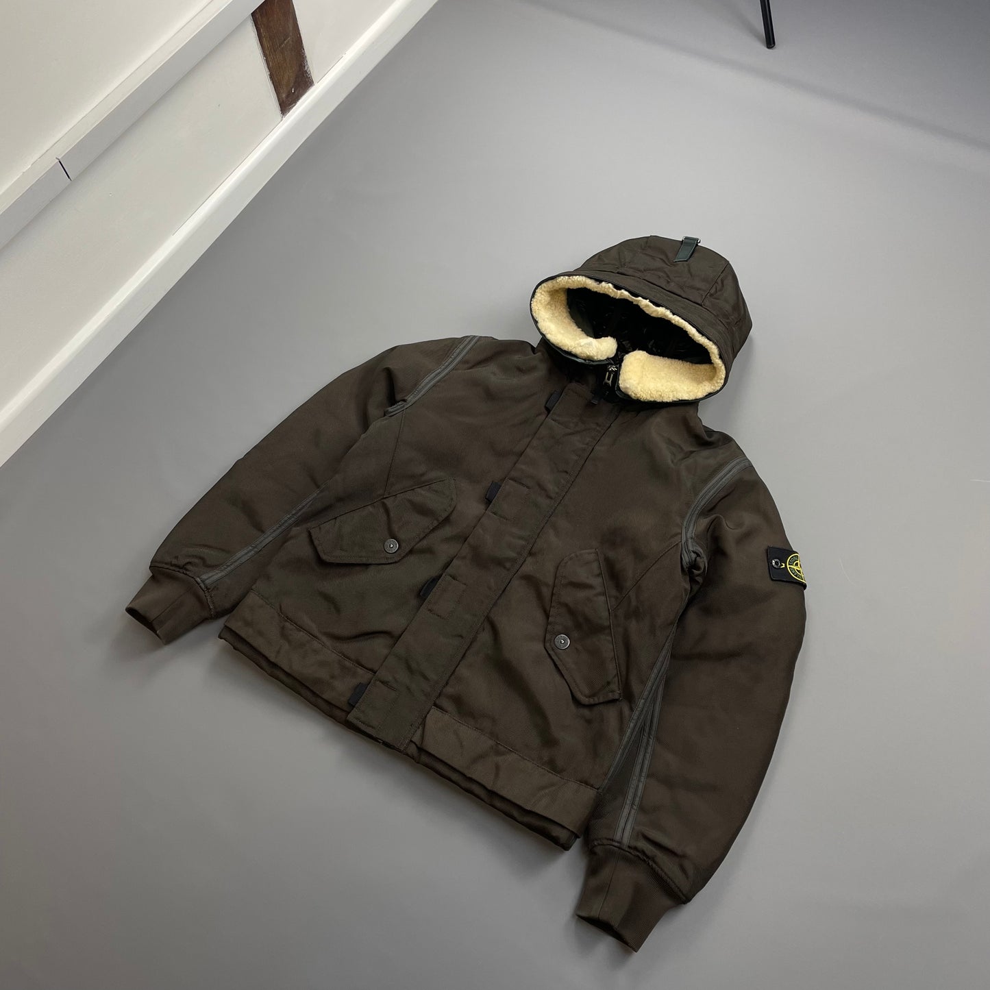 Stone Island Khaki Brown AW10 Shearling Hooded Padded Oxford Nylon Bomber Jacket
