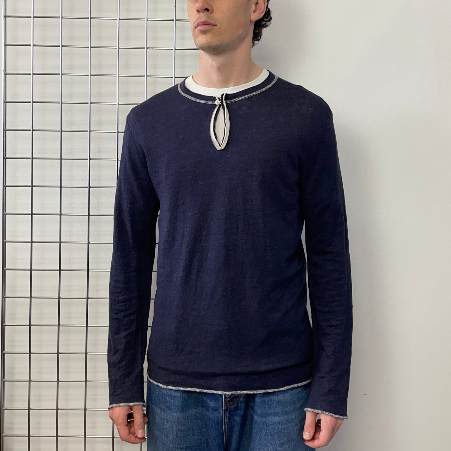 Armani Jeans Navy 00s Linen Long Sleeve Henley T-Shirt
