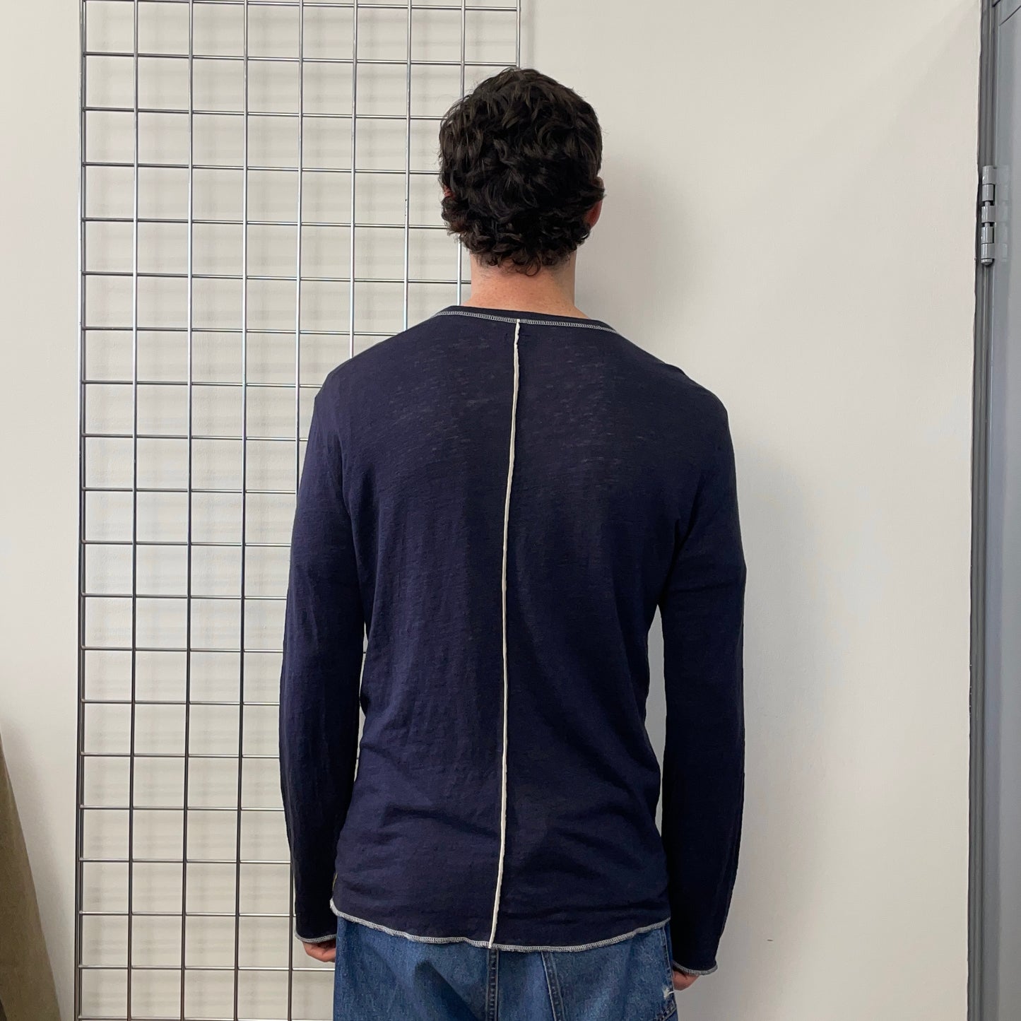 Armani Jeans Navy 00s Linen Long Sleeve Henley T-Shirt