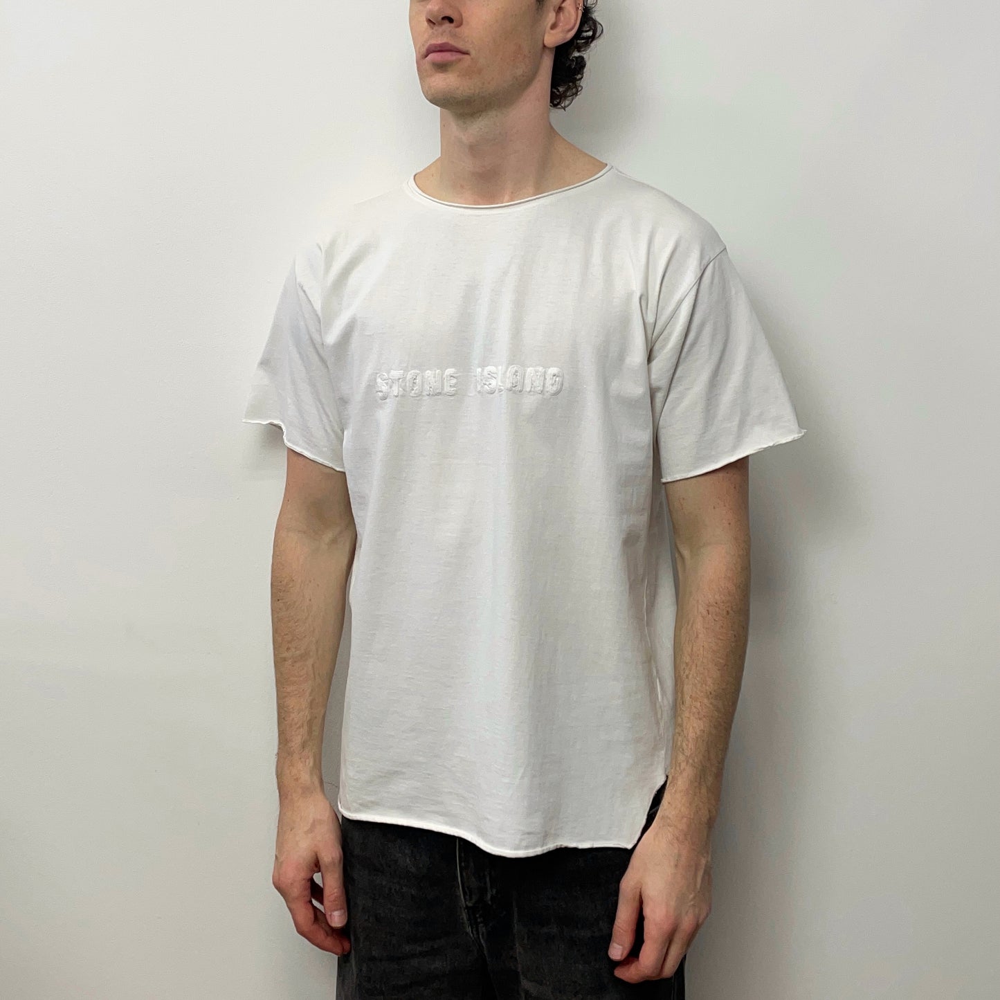 Stone Island White 90s Graphic Stitch Spellout Tee
