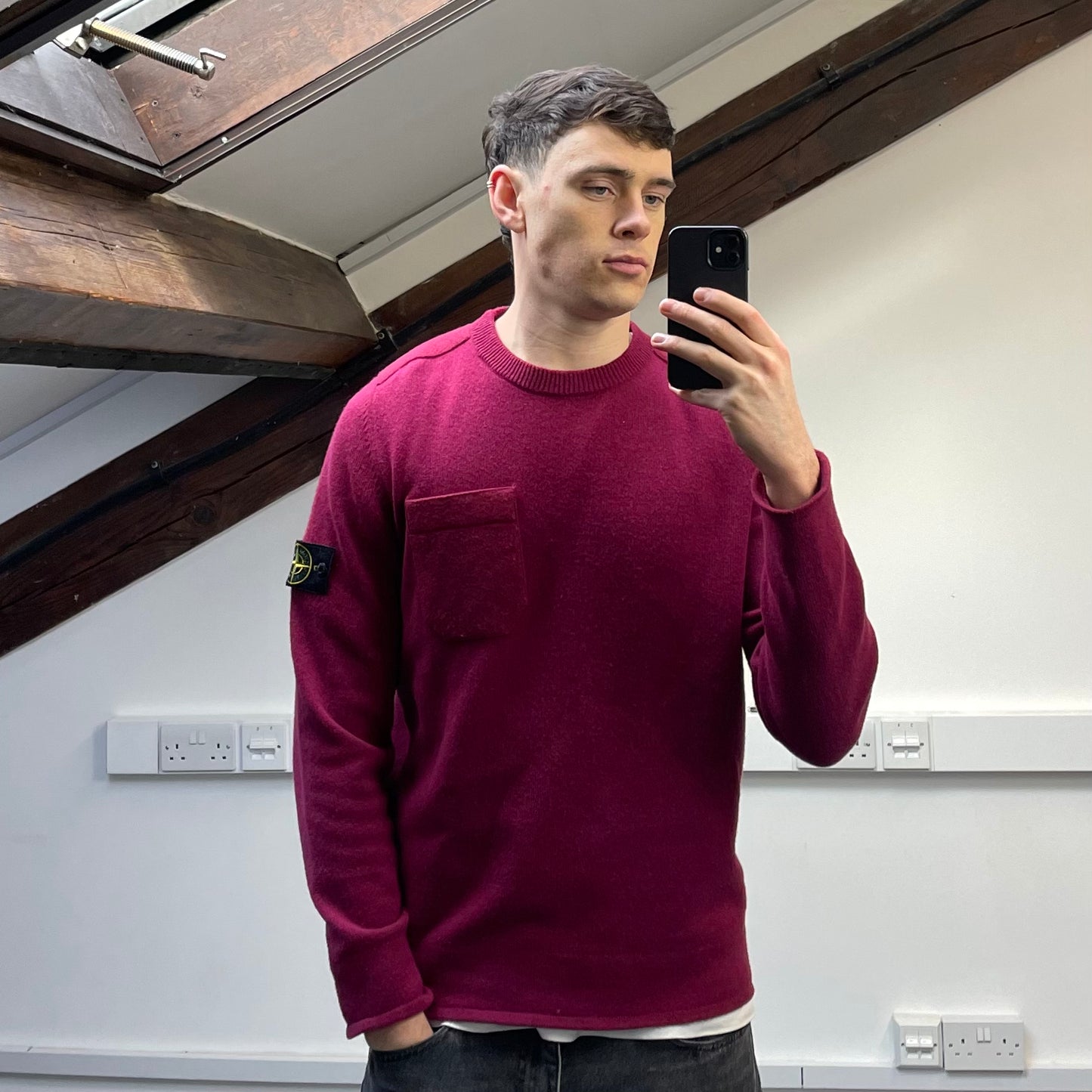 Stone Island Maroon AW18 Wool Pocket Detail Crewneck Jumper