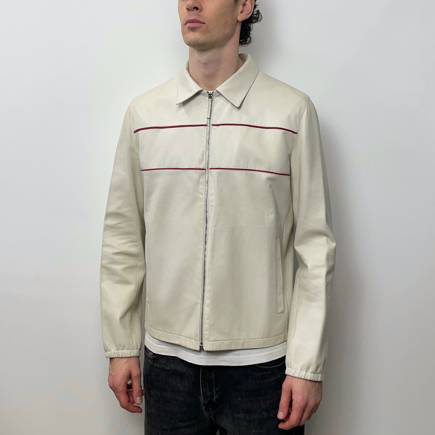 Prada Milano White & Red Piping Leather Jacket