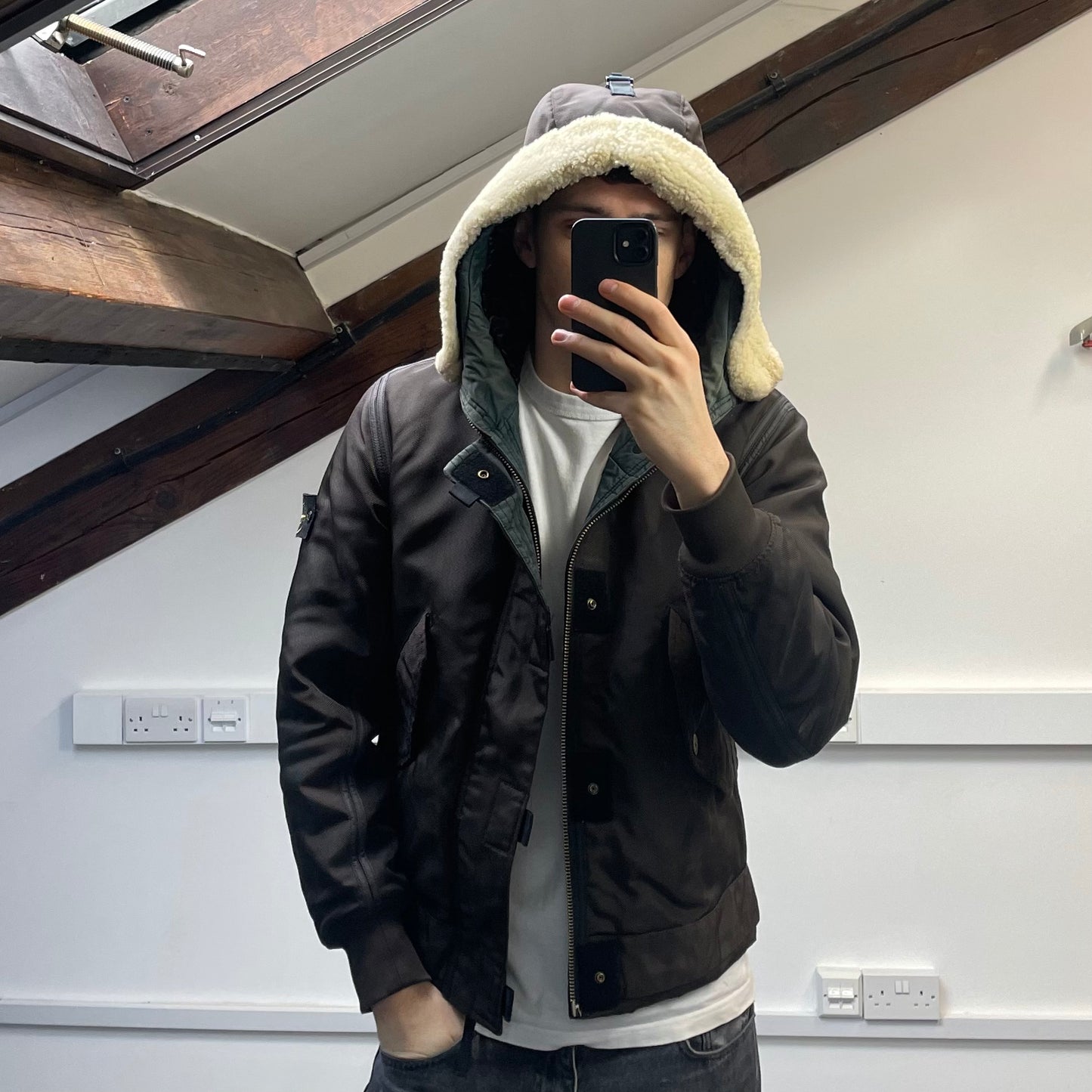 Stone Island Khaki Brown AW10 Shearling Hooded Padded Oxford Nylon Bomber Jacket