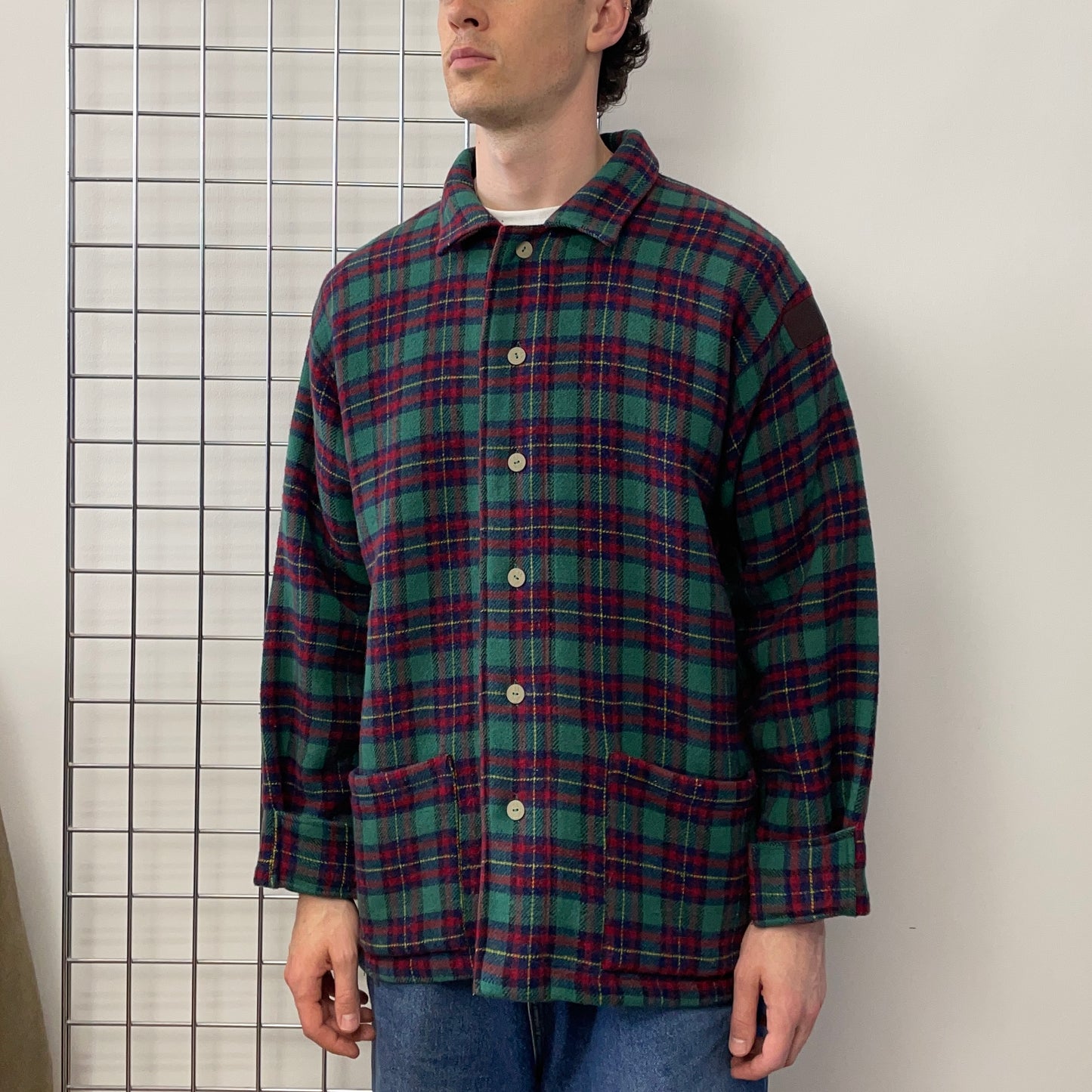 Giorgio Armani Red & Green Check 80s Unique Knitwear Wool Chore Jacket