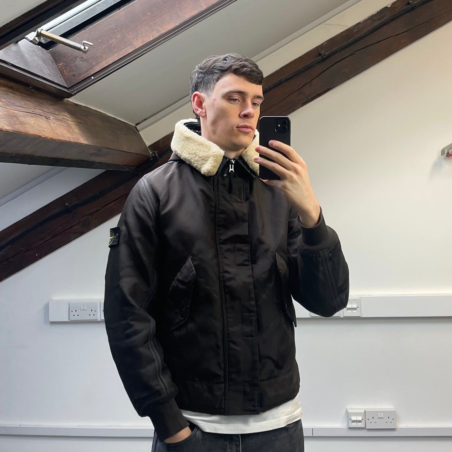 Stone Island Khaki Brown AW10 Shearling Hooded Padded Oxford Nylon Bomber Jacket