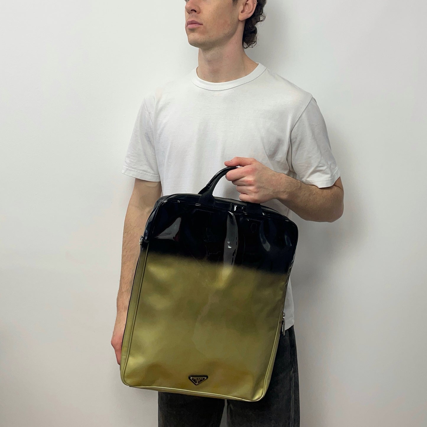 Prada Milano Black & Gold Ombre Gradient Patent Leather Handheld Bag