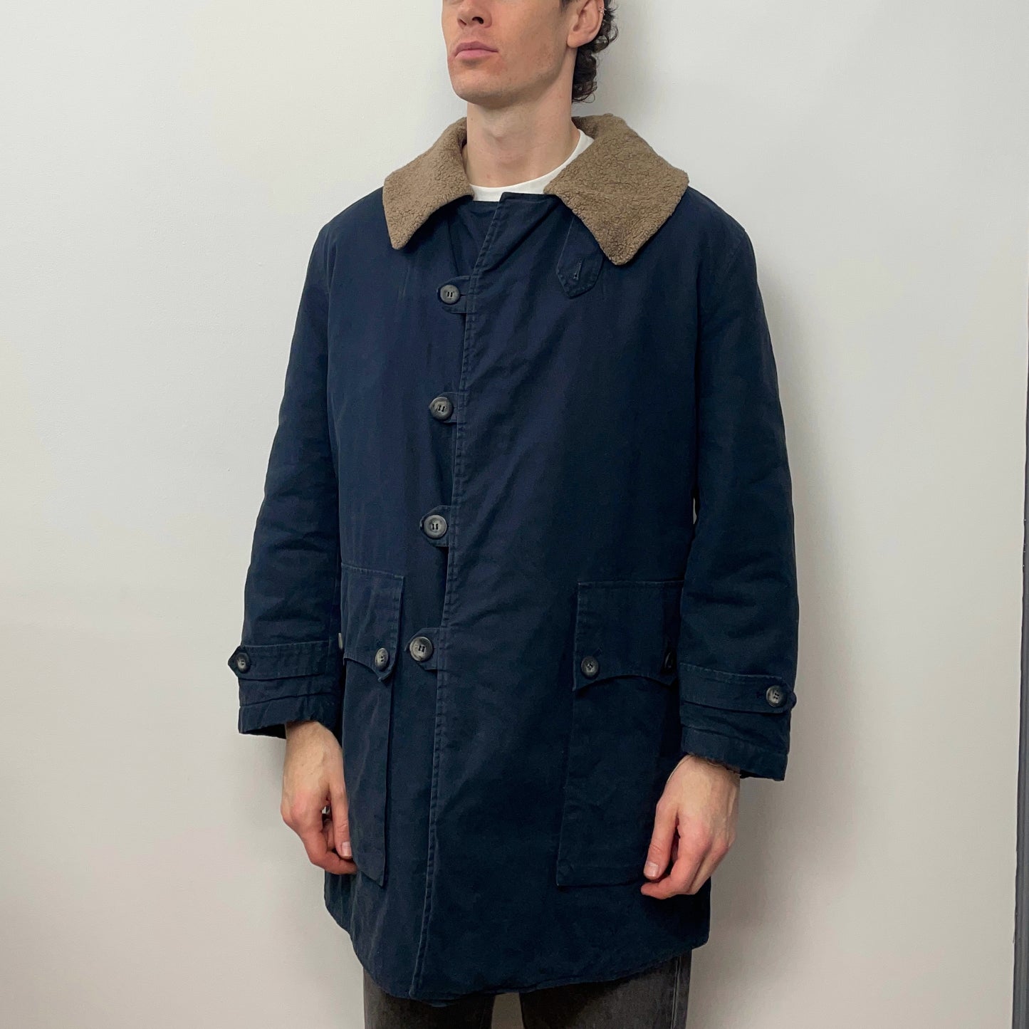 Emporio Armani Navy 90s Faux Sheerling Overcoat