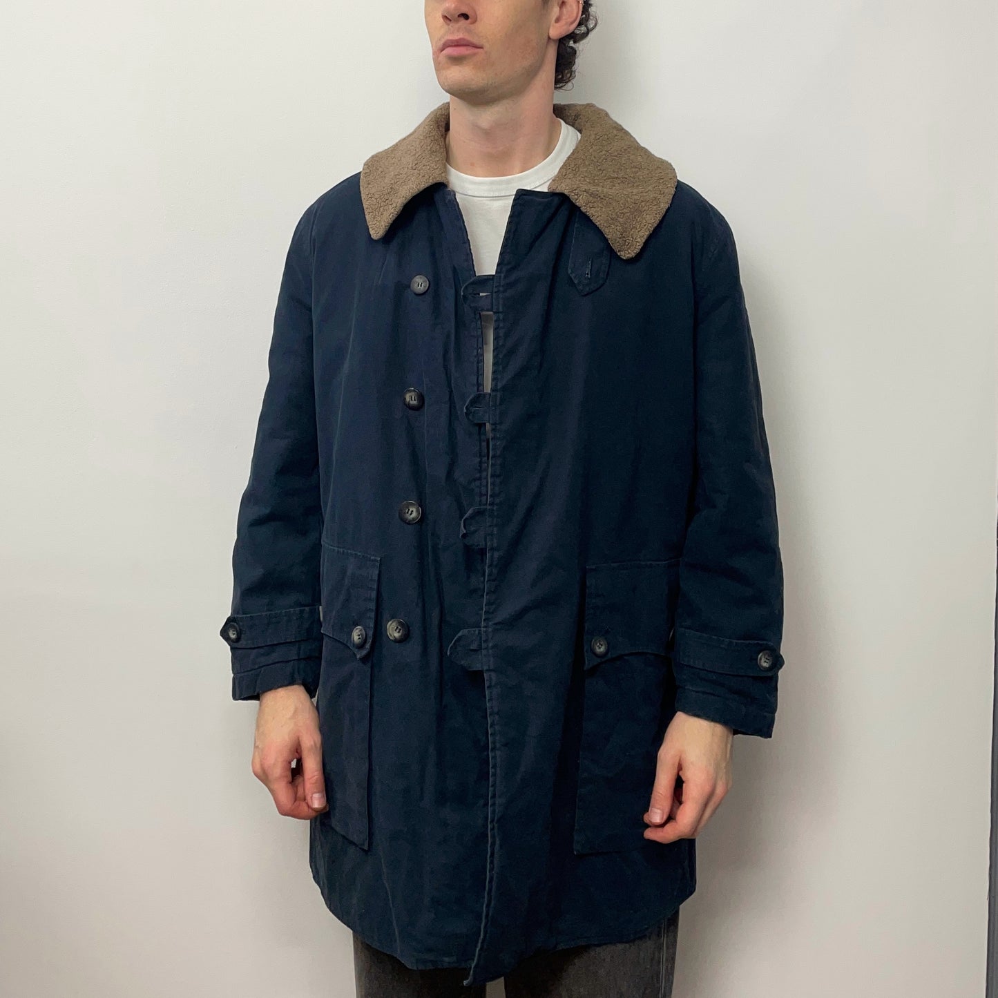 Emporio Armani Navy 90s Faux Sheerling Overcoat