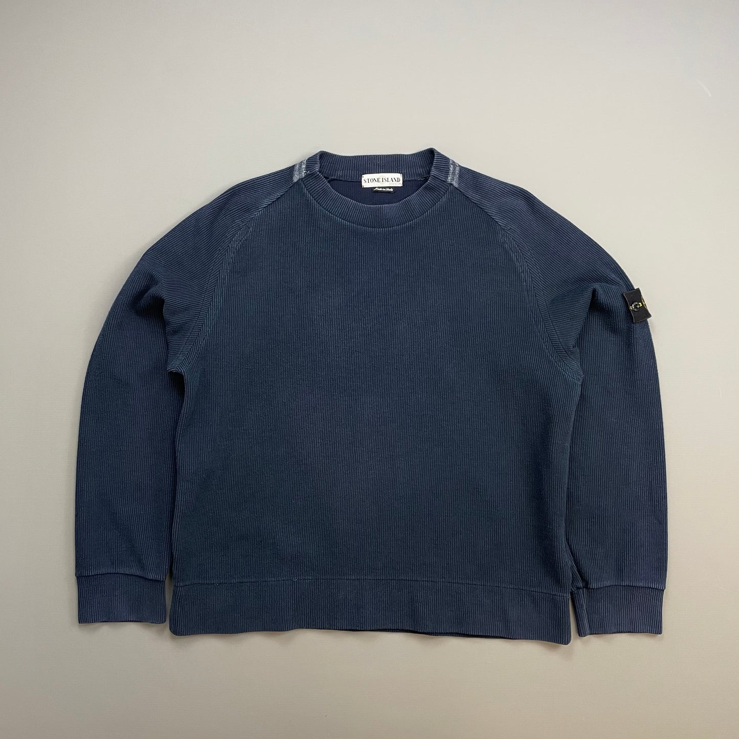Stone Island Blue SS01 Ribbed Cotton Striped Collar Crewneck Jumper