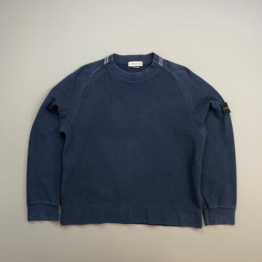 Stone Island Blue SS01 Ribbed Cotton Striped Collar Crewneck Jumper