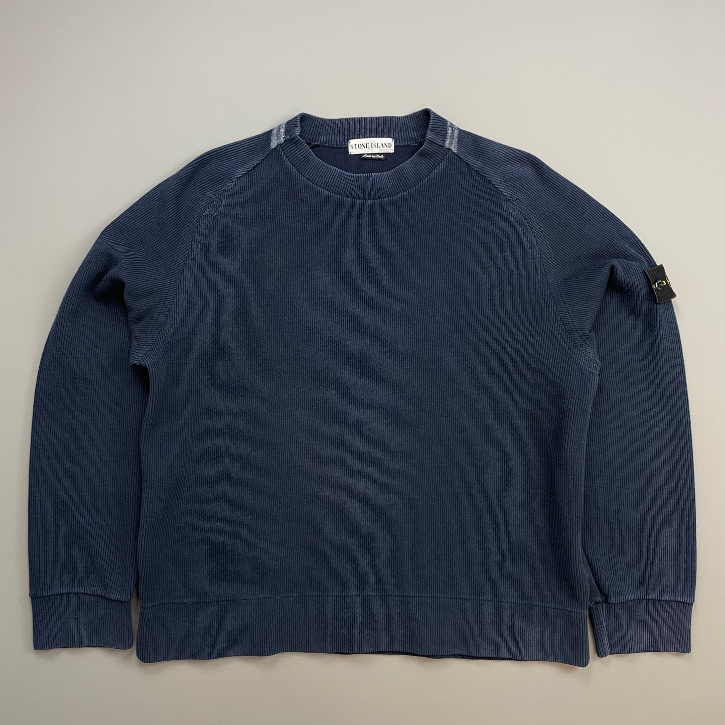 Stone Island Blue SS01 Ribbed Cotton Striped Collar Crewneck Jumper