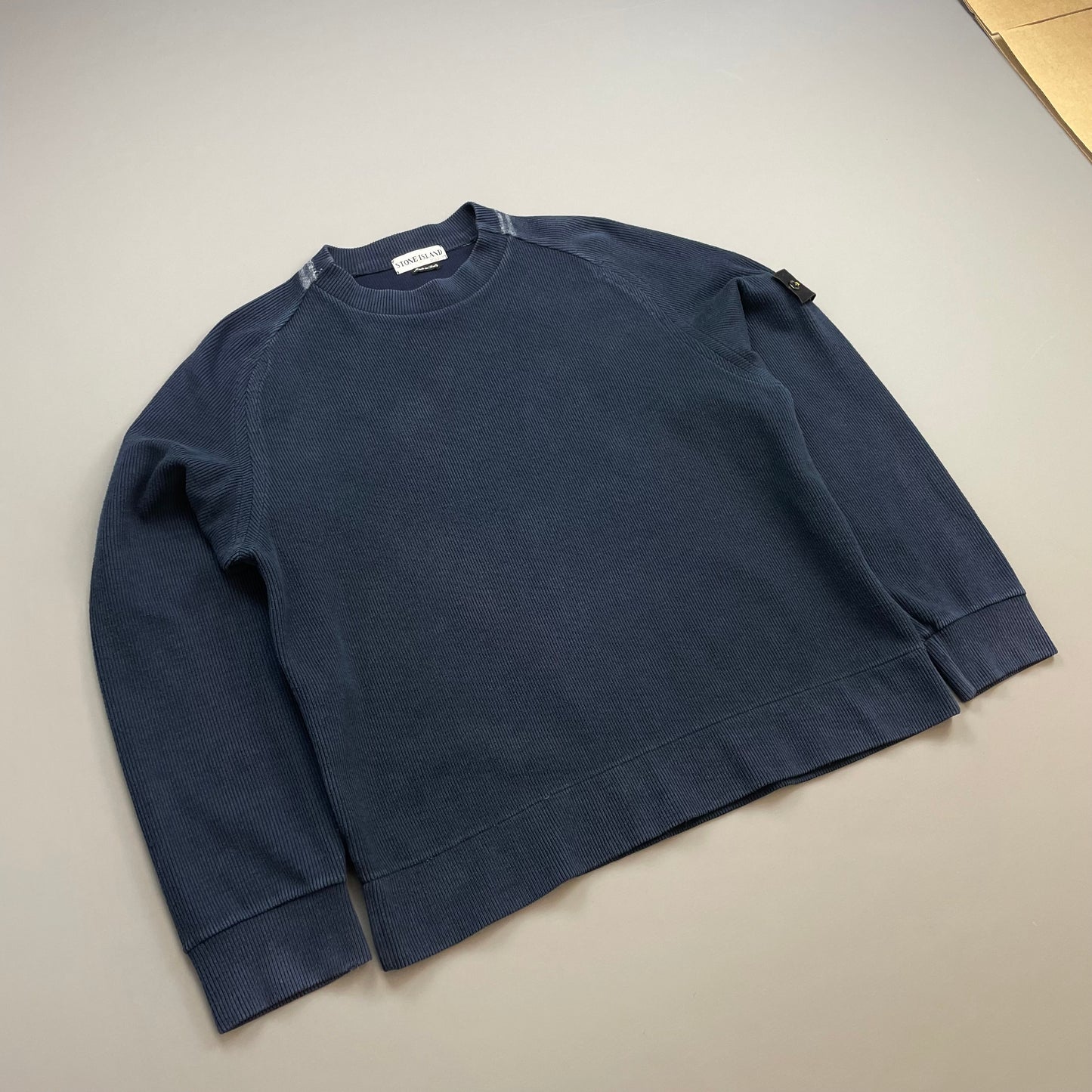 Stone Island Blue SS01 Ribbed Cotton Striped Collar Crewneck Jumper