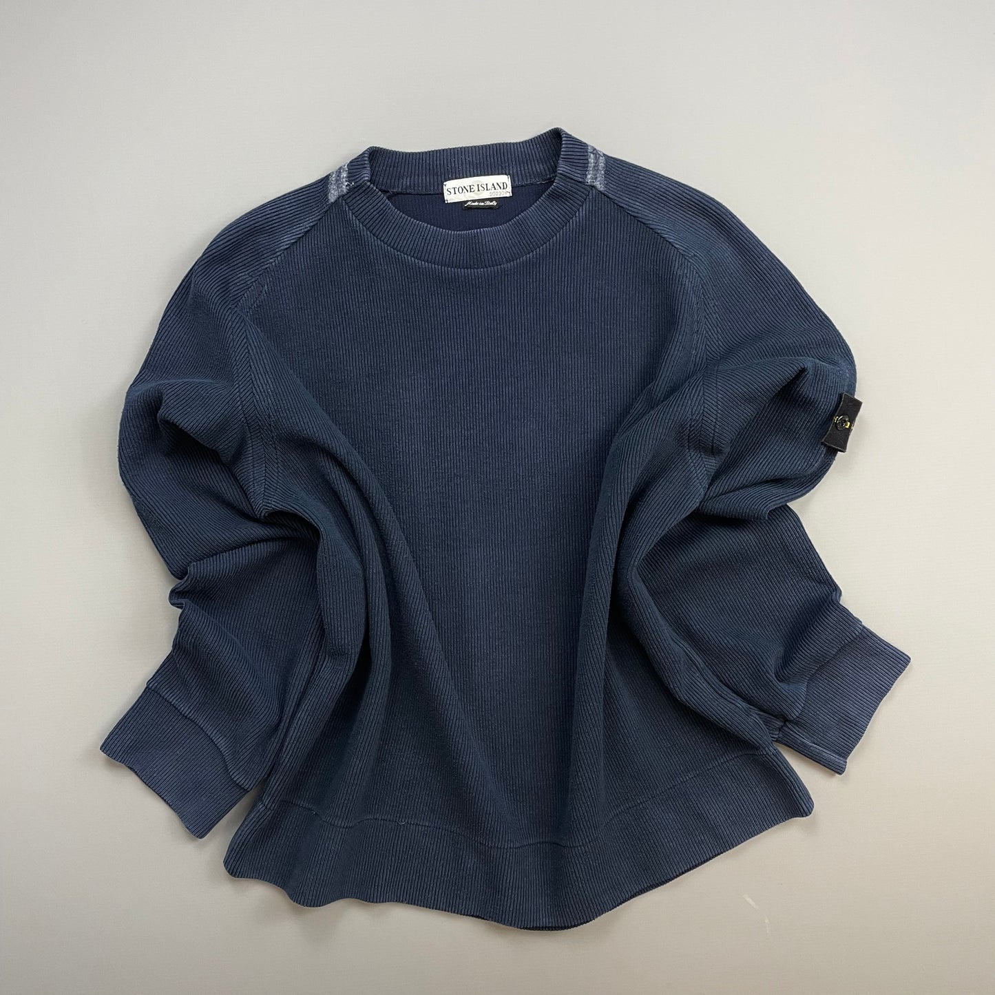 Stone Island Blue SS01 Ribbed Cotton Striped Collar Crewneck Jumper