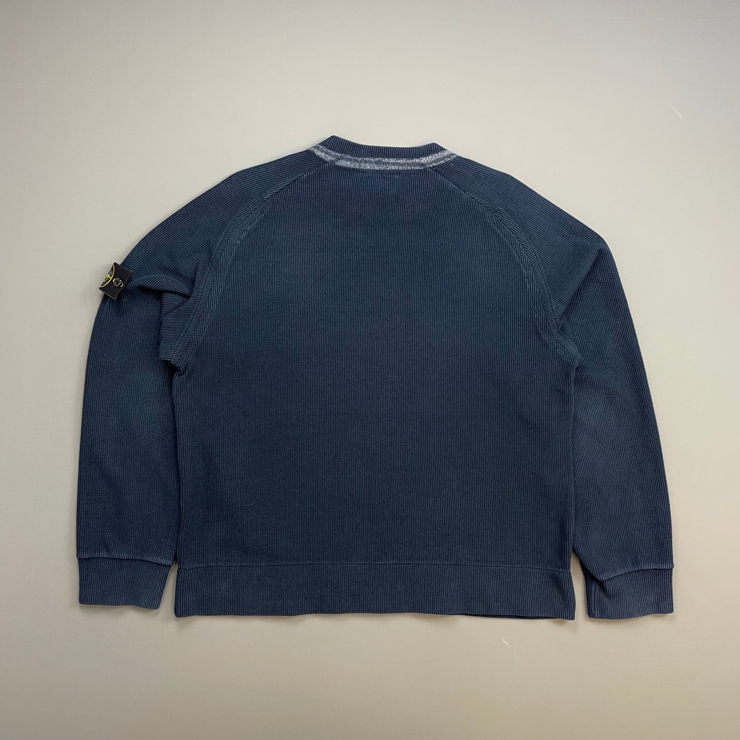 Stone Island Blue SS01 Ribbed Cotton Striped Collar Crewneck Jumper