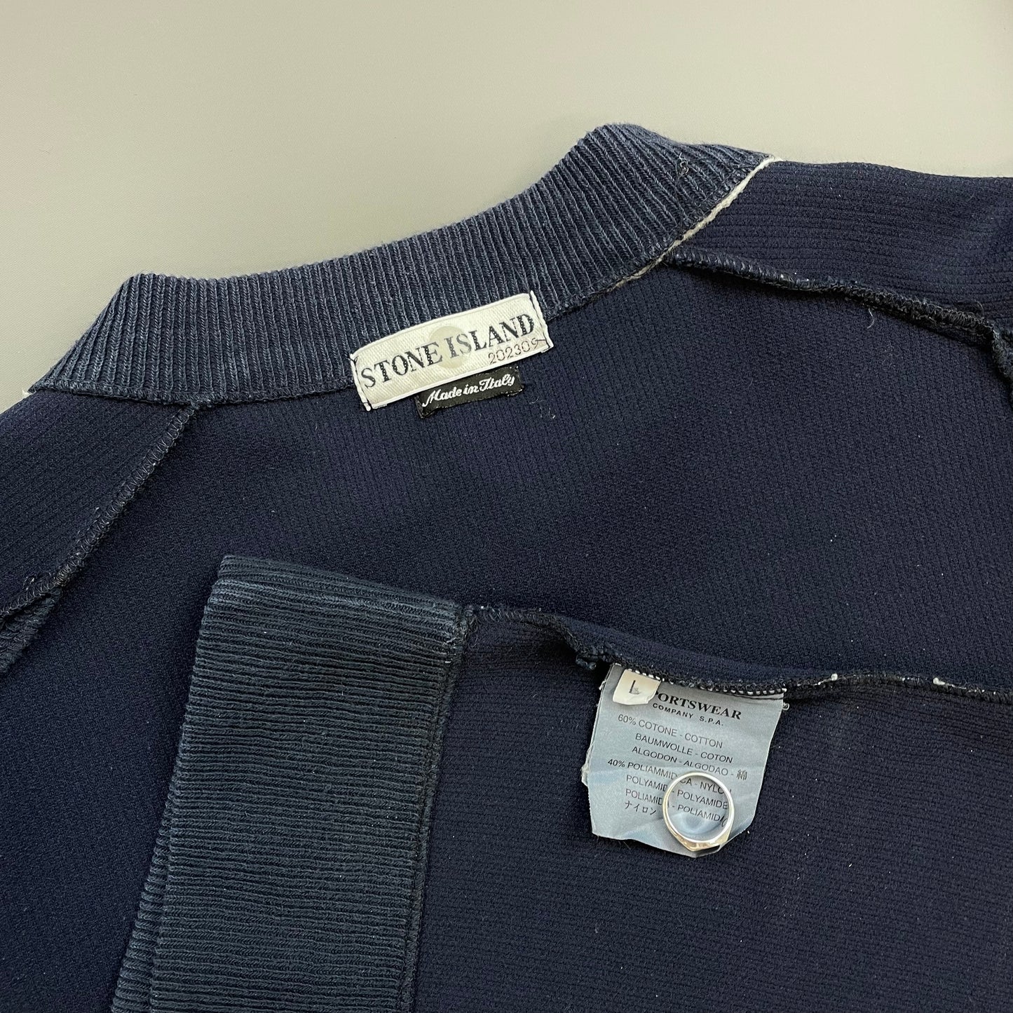 Stone Island Blue SS01 Ribbed Cotton Striped Collar Crewneck Jumper