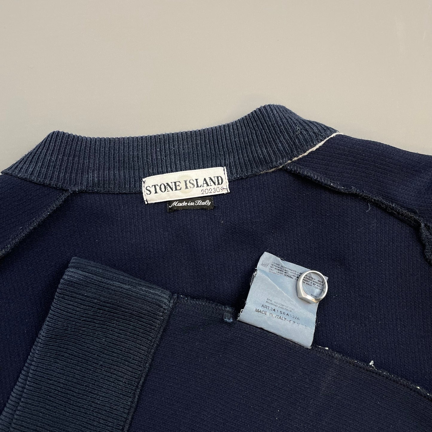 Stone Island Blue SS01 Ribbed Cotton Striped Collar Crewneck Jumper