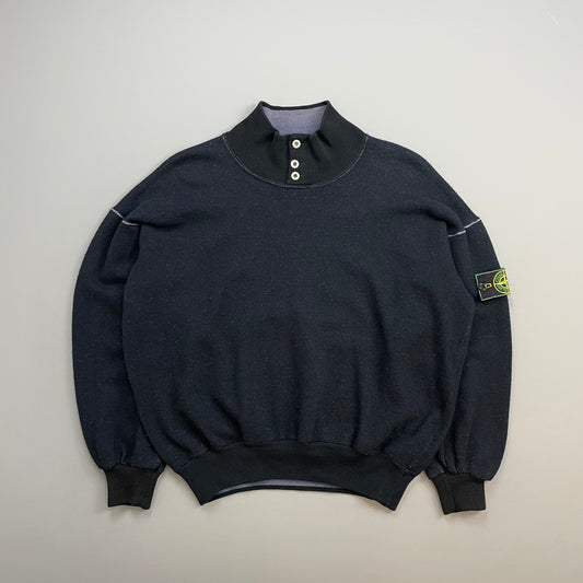 Stone Island Navy & Black 80s Wool Blend Silver Button Green Edge Badge Jumper