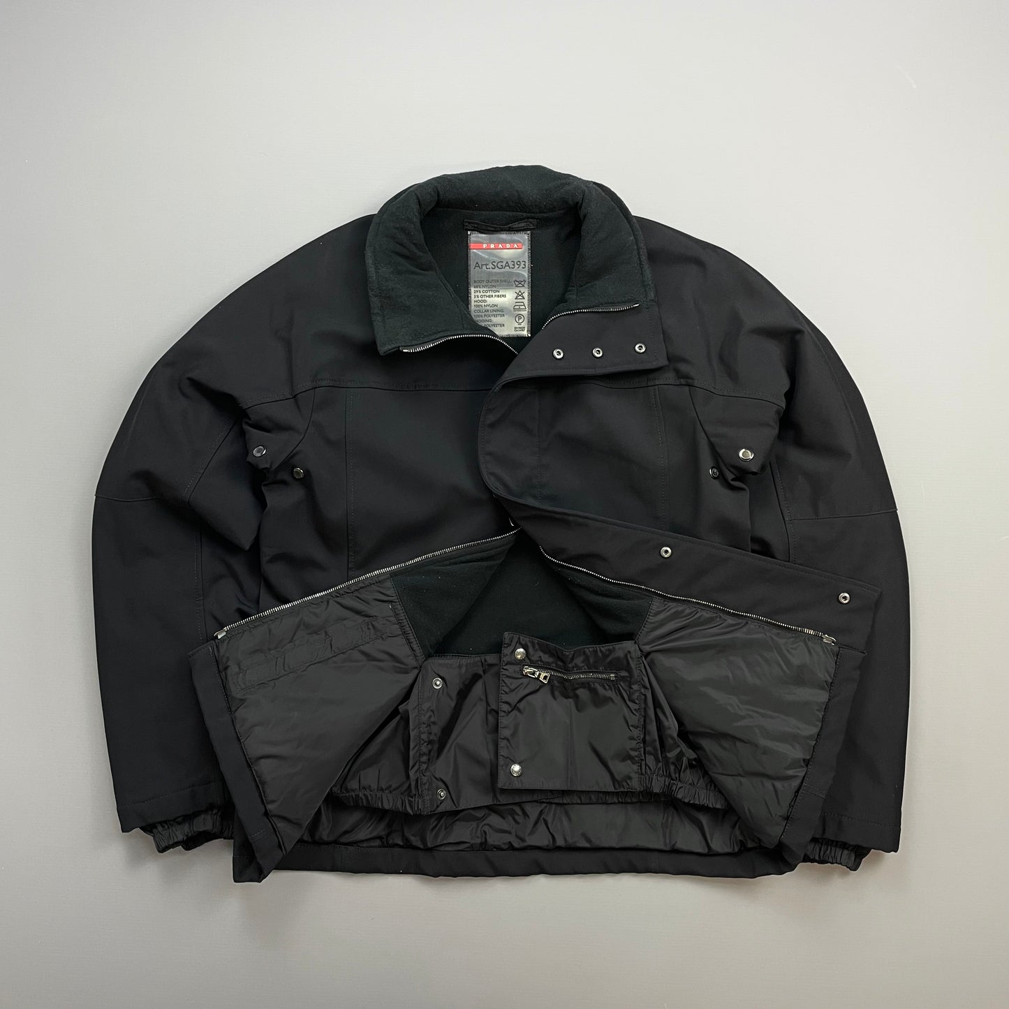 Prada Sport Black 2008 Technical Nylon Fleece-Lined Removable Hood Ski Jacket