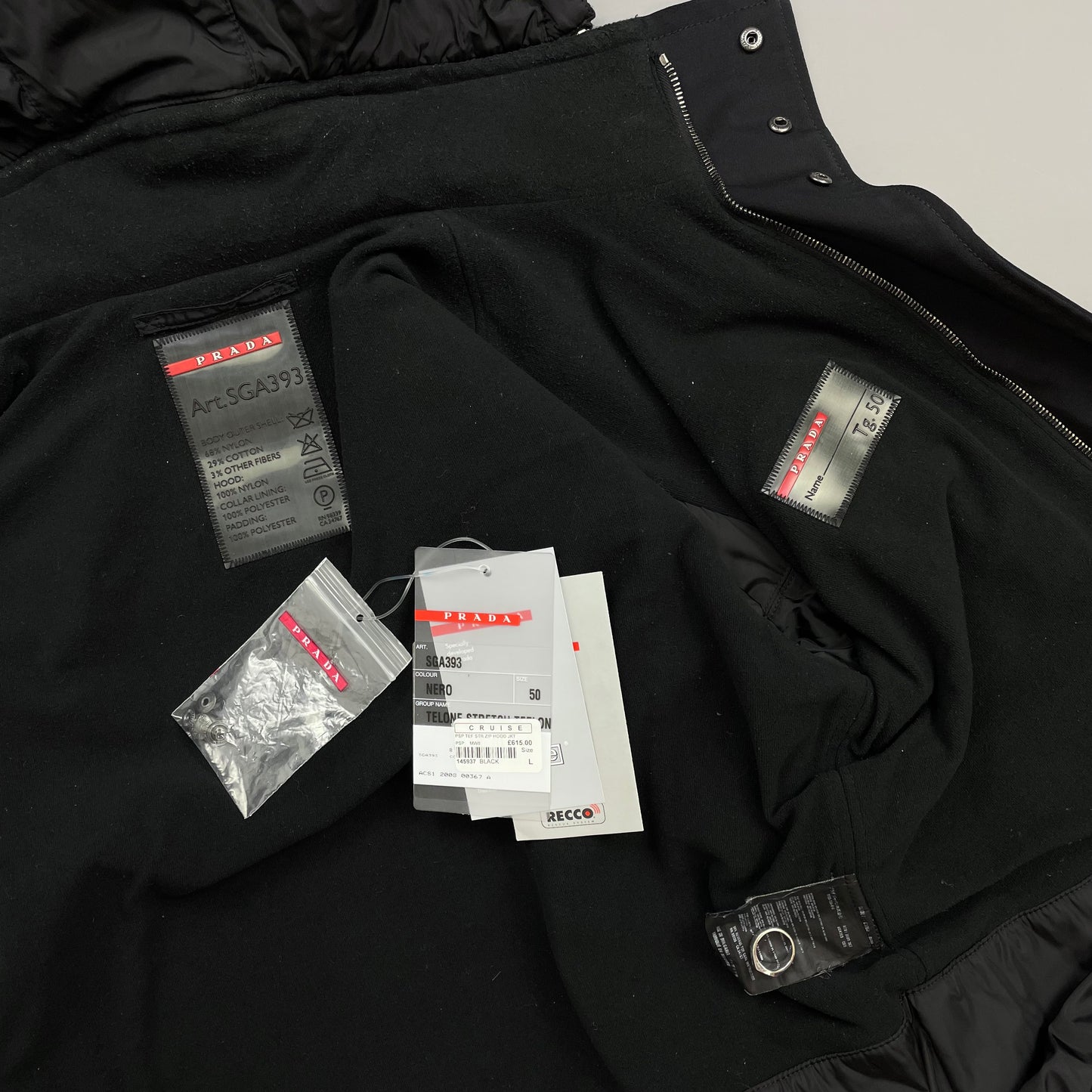 Prada Sport Black 2008 Technical Nylon Fleece-Lined Removable Hood Ski Jacket