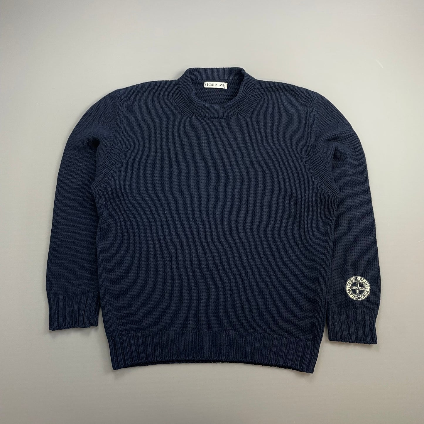 Stone Island Navy AW99 Sleeve Emblem Chunky Wool Knit Crewneck Jumper