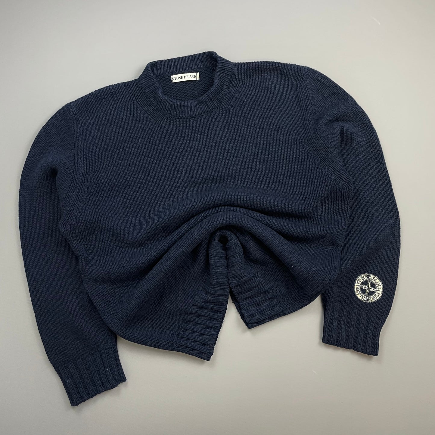 Stone Island Navy AW99 Sleeve Emblem Chunky Wool Knit Crewneck Jumper