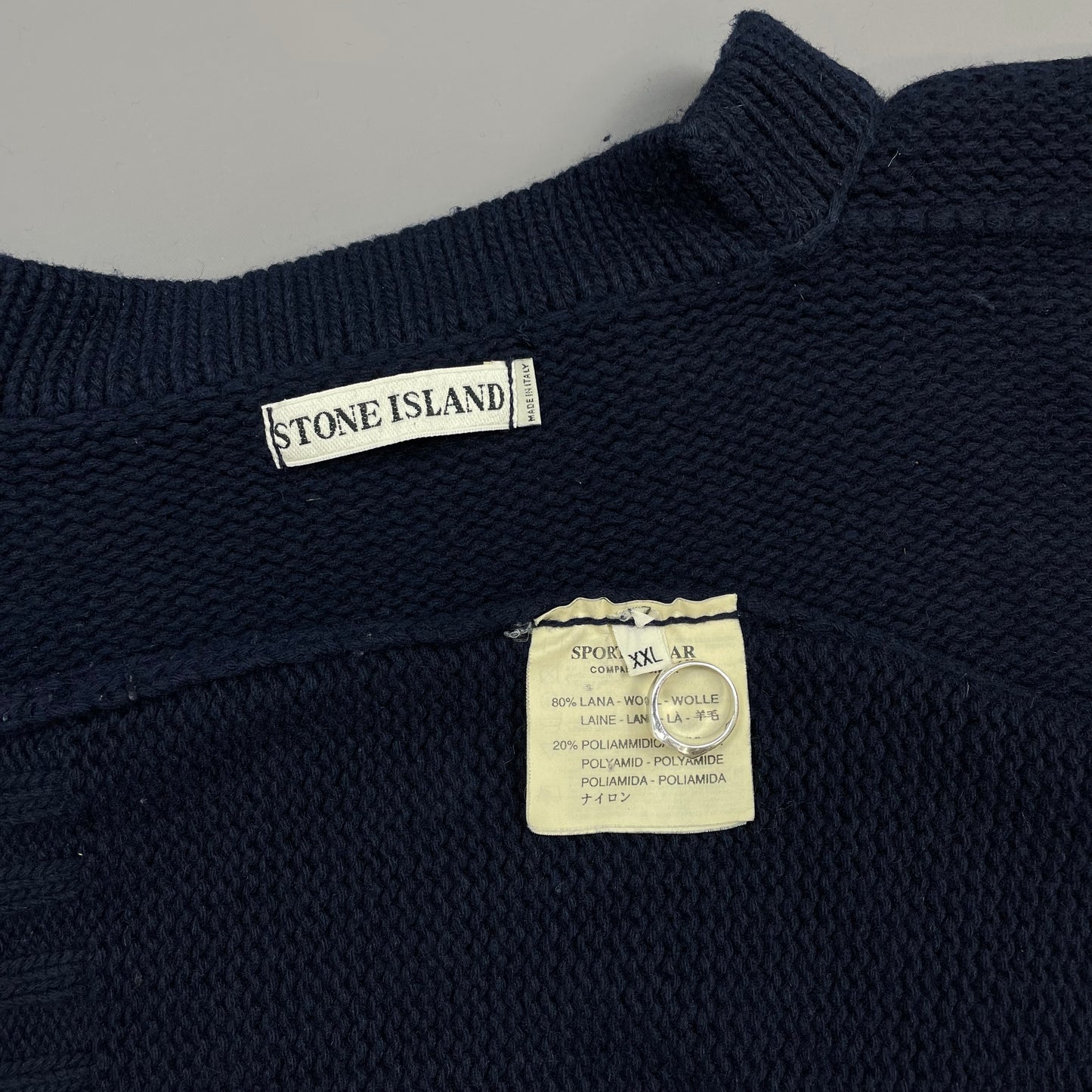 Stone Island Navy AW99 Sleeve Emblem Chunky Wool Knit Crewneck Jumper