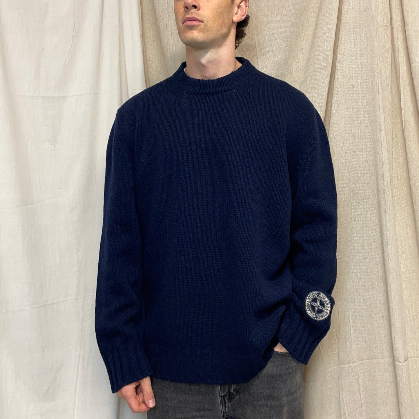 Stone Island Navy AW99 Sleeve Emblem Chunky Wool Knit Crewneck Jumper