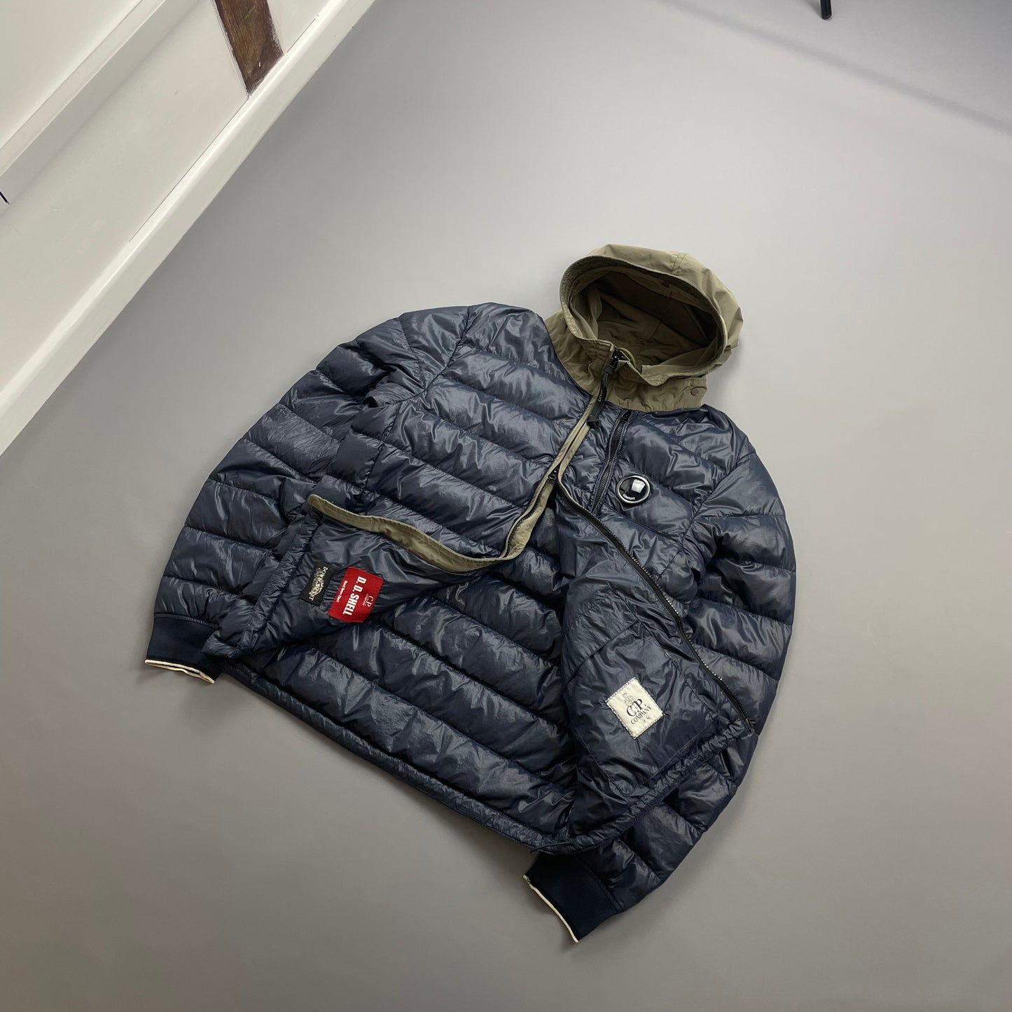 C.P. Company Blue AW14 DD Shell Contrast Hood Lightweight Nylon Down Puffer Jacket
