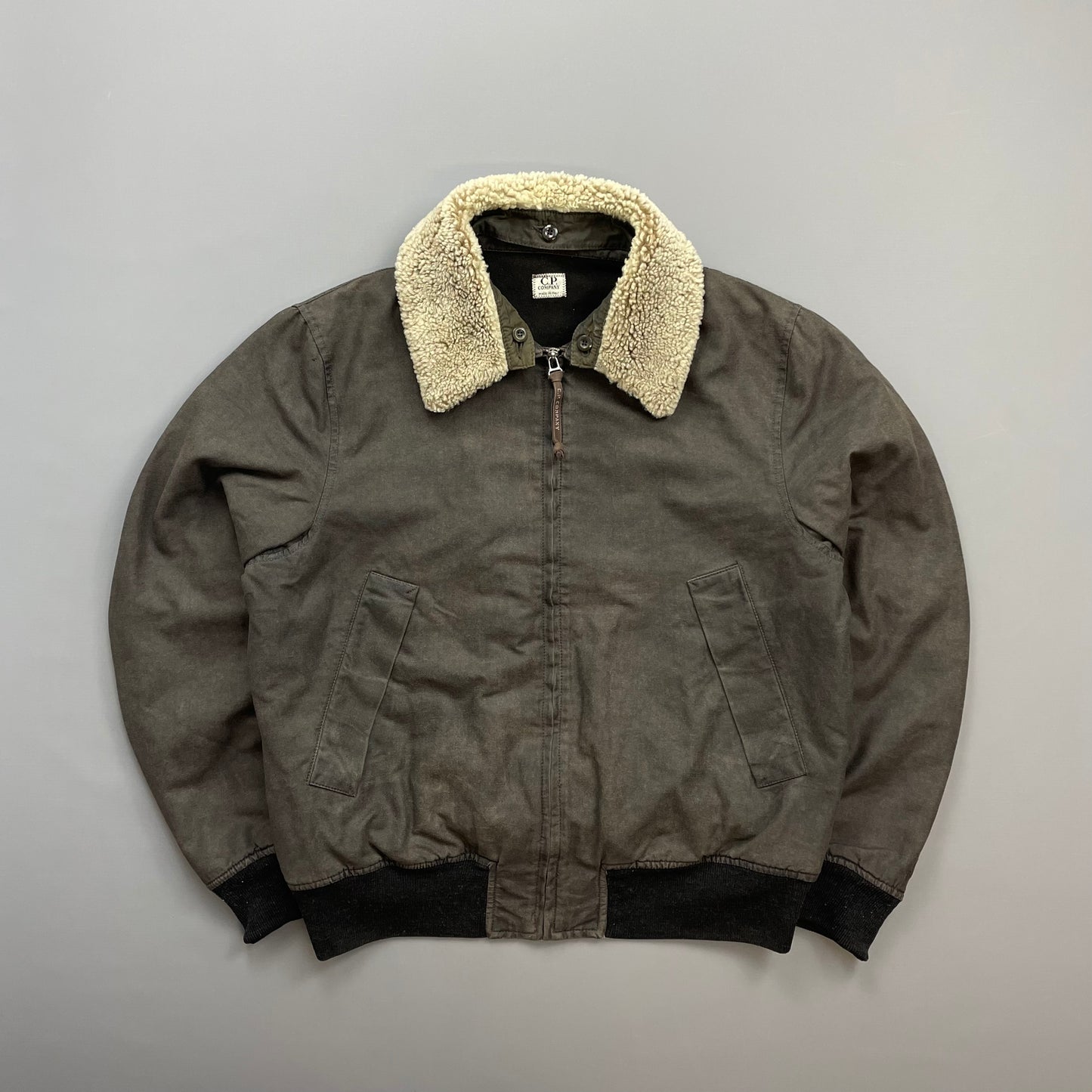 C.P. Company Khaki AW02 Coated Cotton Shearling Collar Bomber Jacket