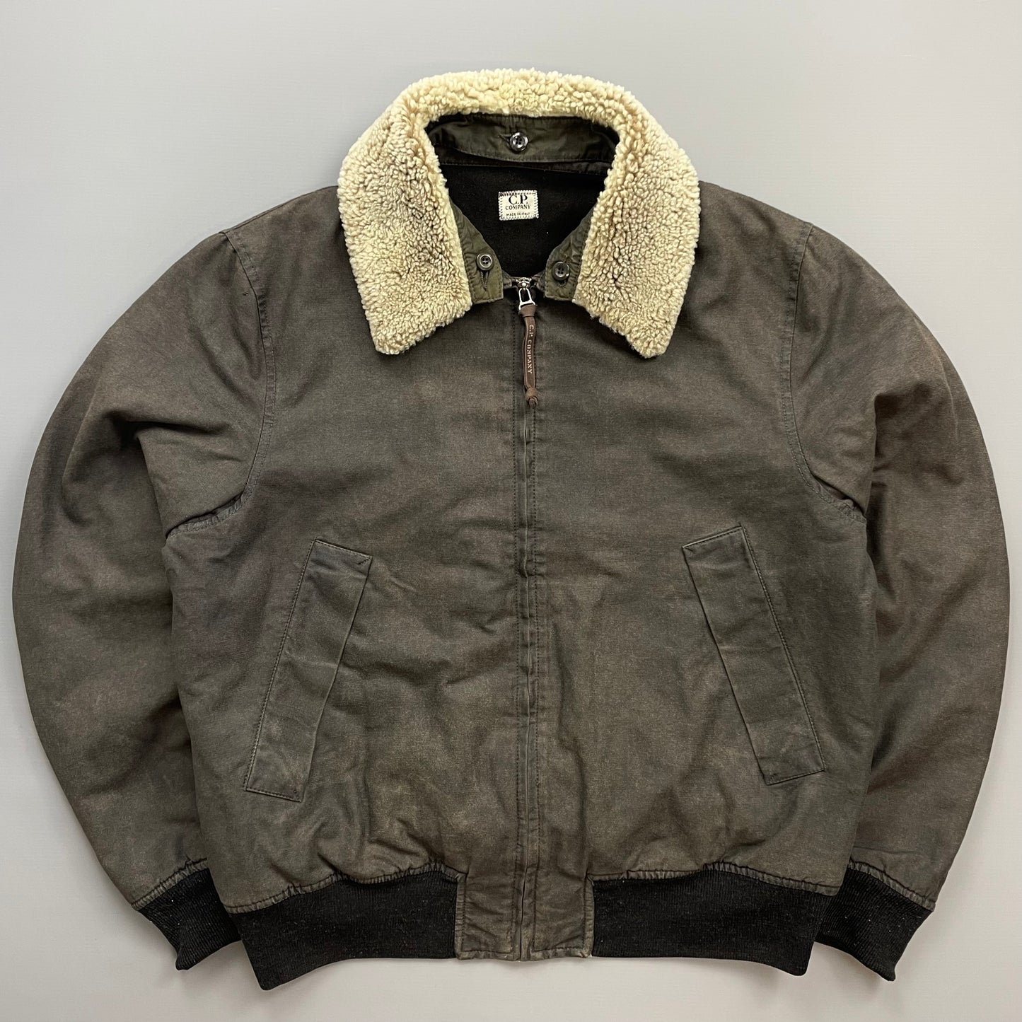 C.P. Company Khaki AW02 Coated Cotton Shearling Collar Bomber Jacket