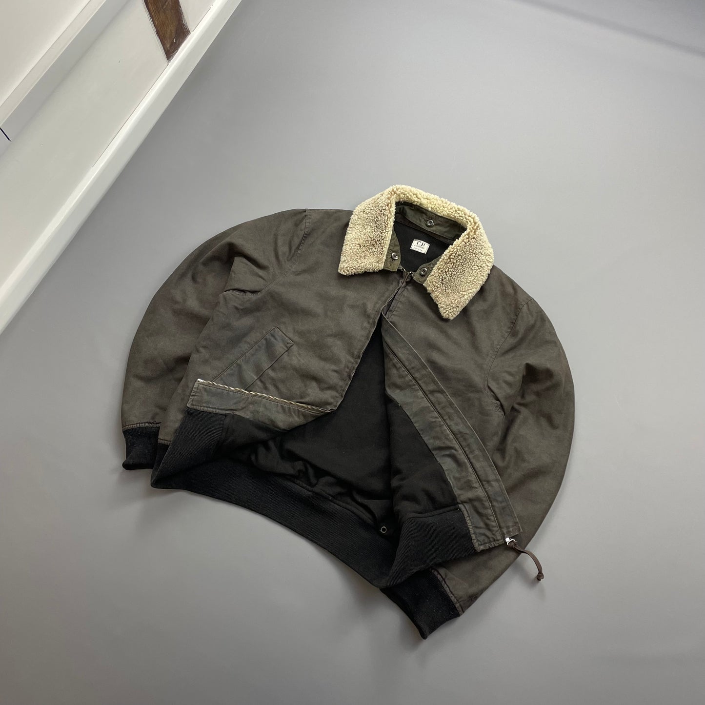 C.P. Company Khaki AW02 Coated Cotton Shearling Collar Bomber Jacket