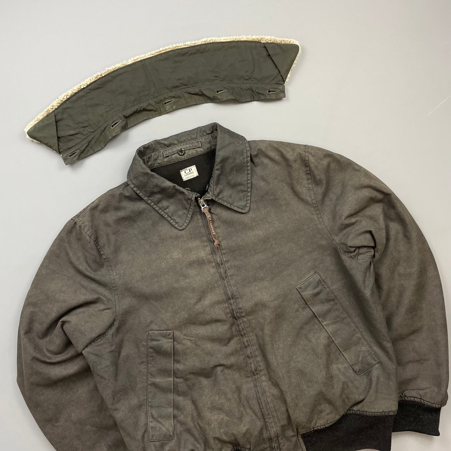 C.P. Company Khaki AW02 Coated Cotton Shearling Collar Bomber Jacket