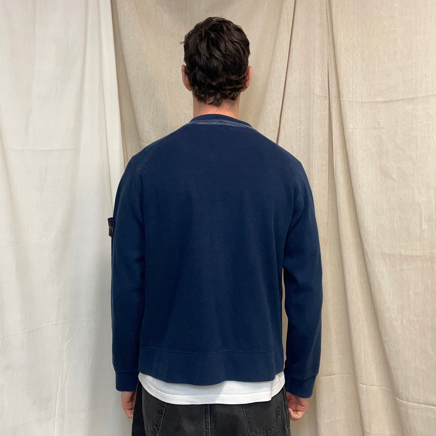 Stone Island Blue SS01 Ribbed Cotton Striped Collar Crewneck Jumper