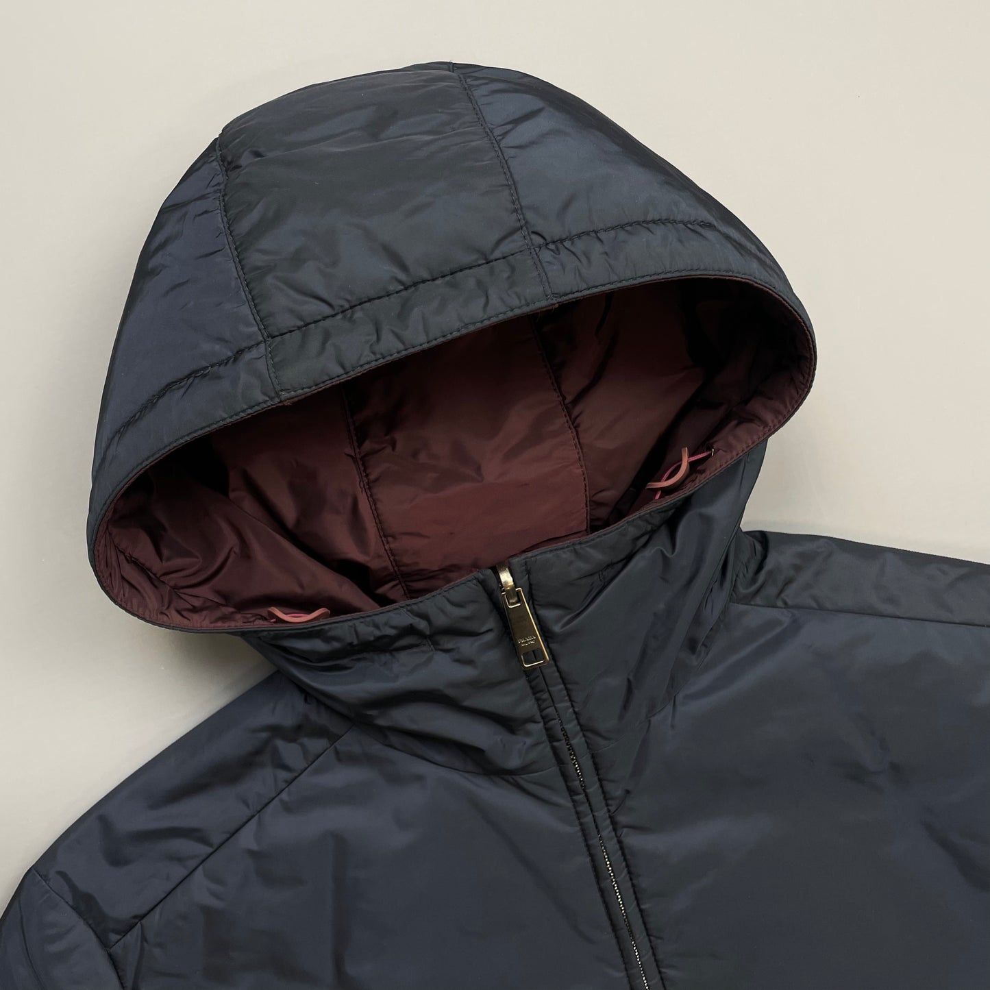 Prada Sport Navy & Burgundy 2018 Nylon Reversible Padded Hooded Jacket
