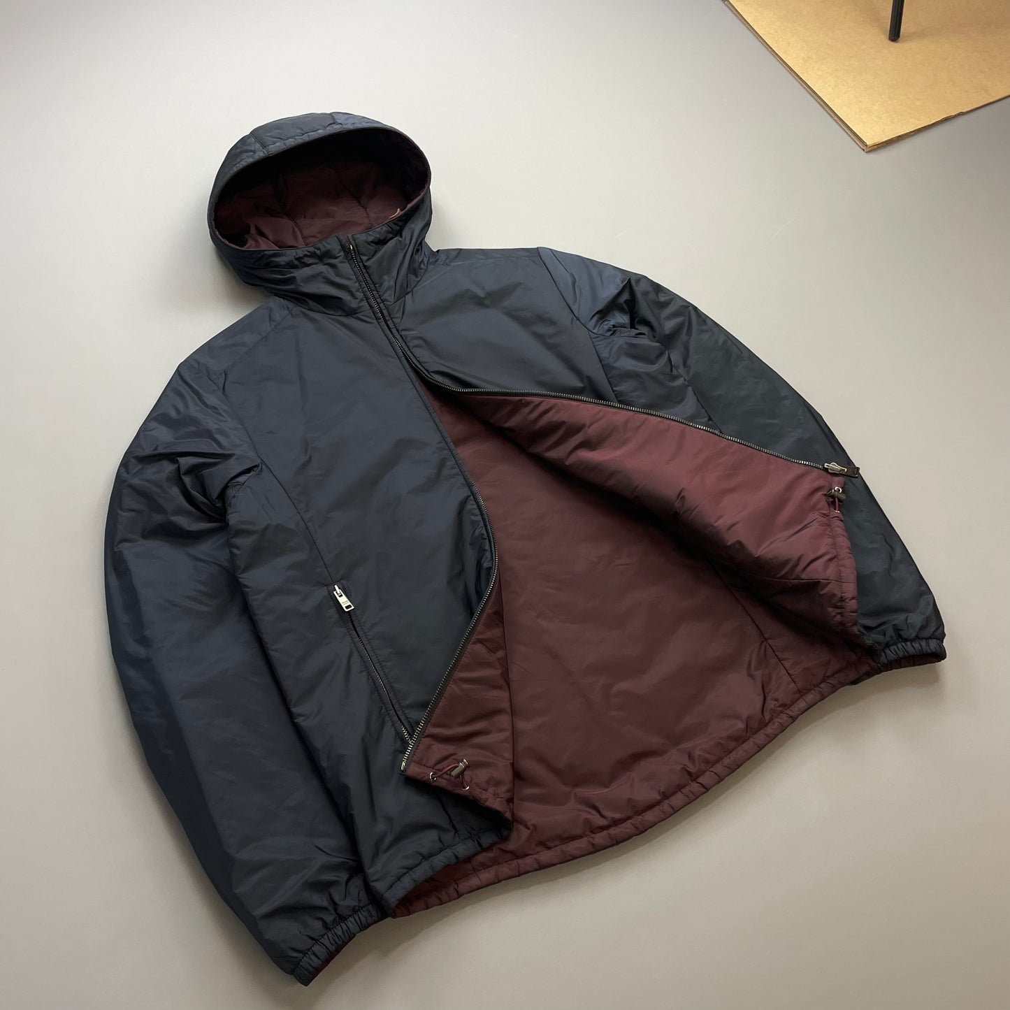 Prada Sport Navy & Burgundy 2018 Nylon Reversible Padded Hooded Jacket