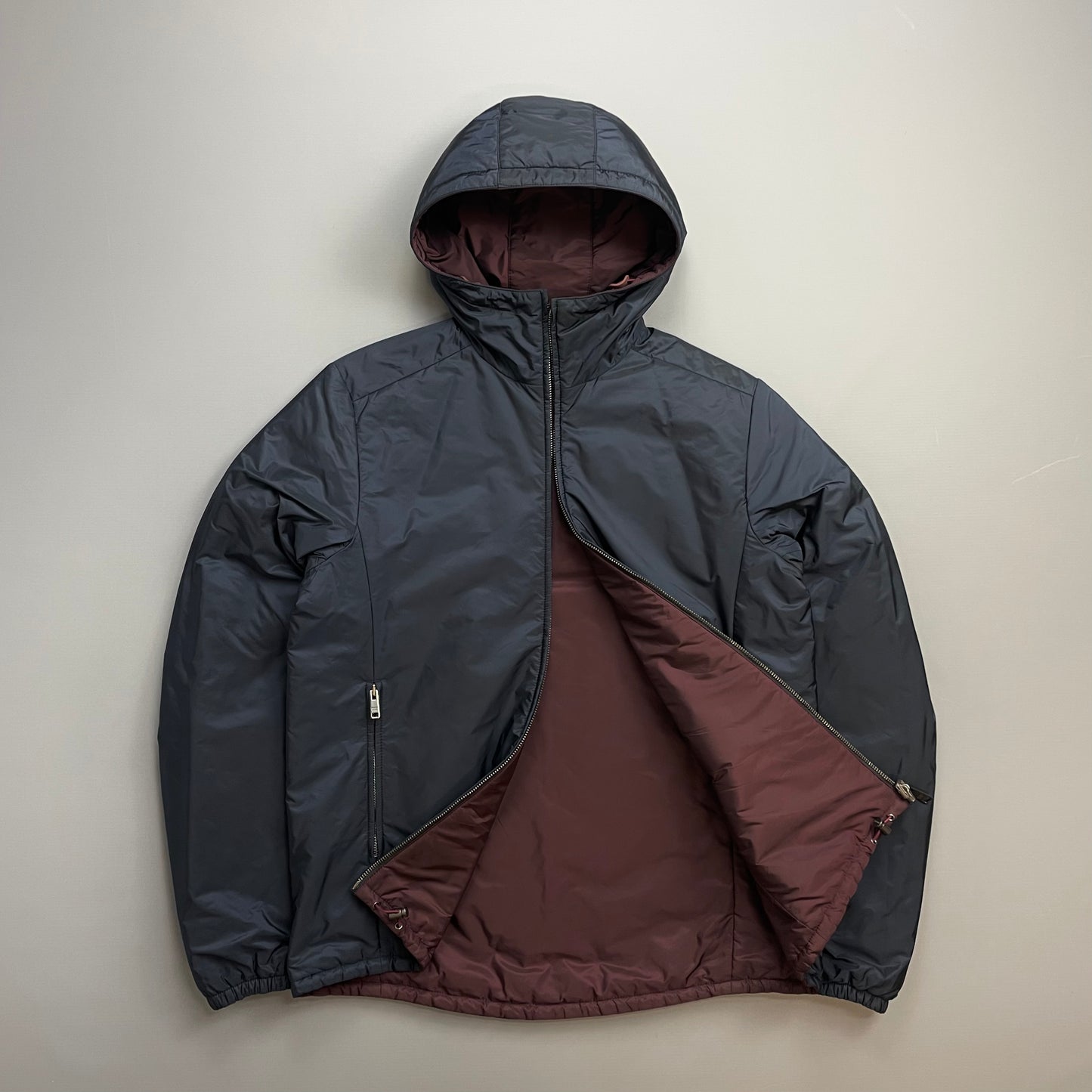 Prada Sport Navy & Burgundy 2018 Nylon Reversible Padded Hooded Jacket