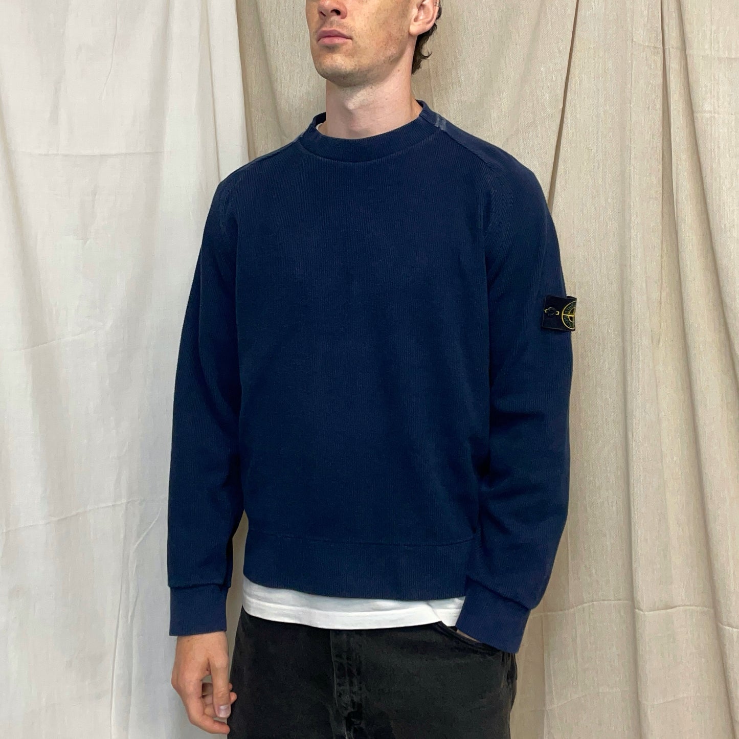 Stone Island Blue SS01 Ribbed Cotton Striped Collar Crewneck Jumper