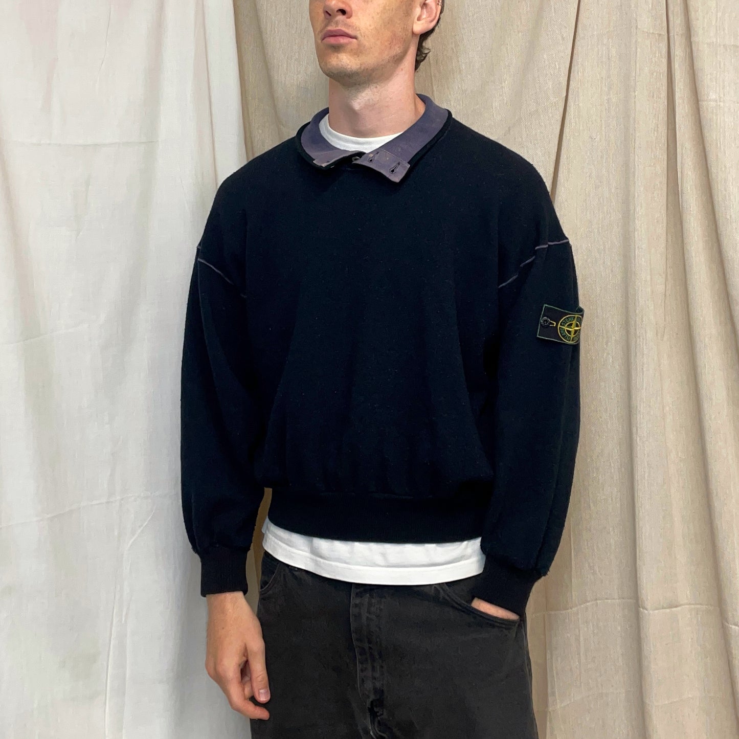 Stone Island Navy & Black 80s Wool Blend Silver Button Green Edge Badge Jumper