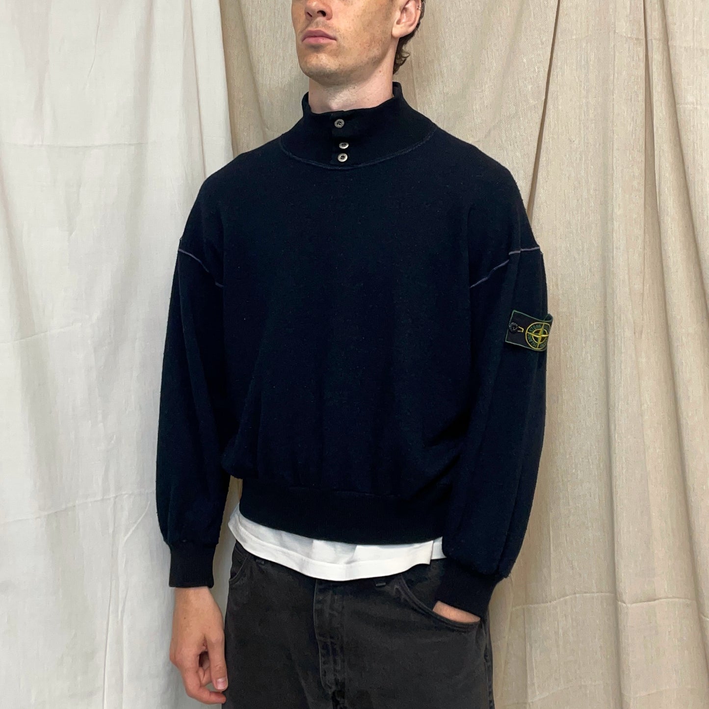 Stone Island Navy & Black 80s Wool Blend Silver Button Green Edge Badge Jumper