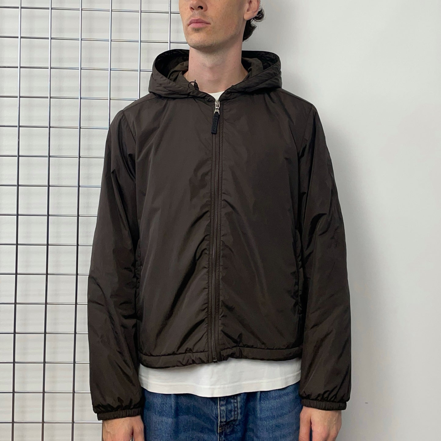 Prada Sport Brown 2007 Sleeve Spellout Nylon Hooded Windbreaker Jacket