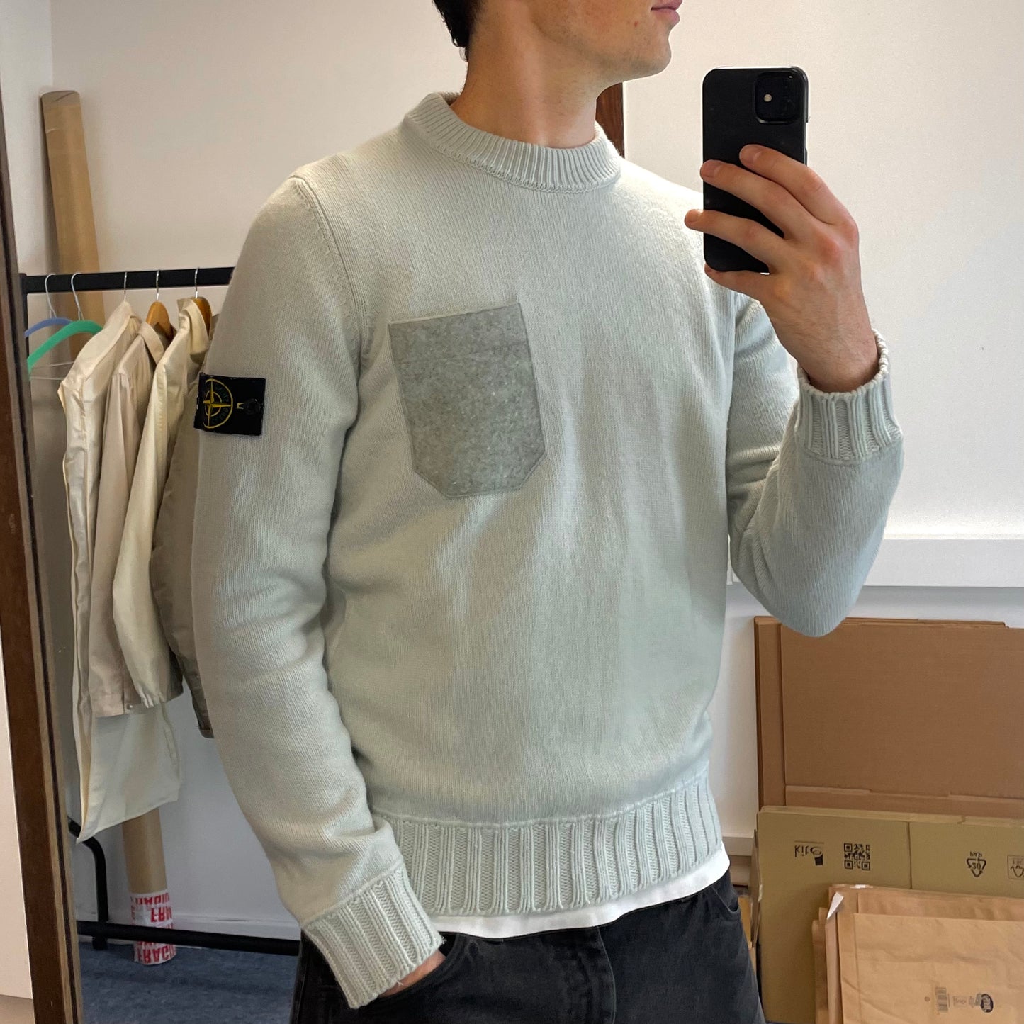 Stone Island Turquoise Knit Jumper w/ Grey Wool Pocket